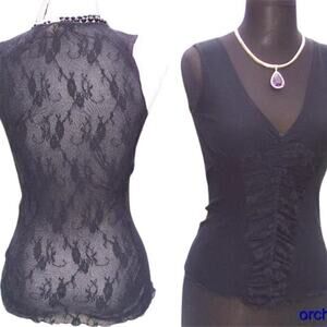 Cache Black Sheer Illusion Lace Back Peek A Boo Mesh Front Cami Top New NWT $88